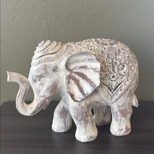 Carved Wood Elephant Statue Painted Cream Color